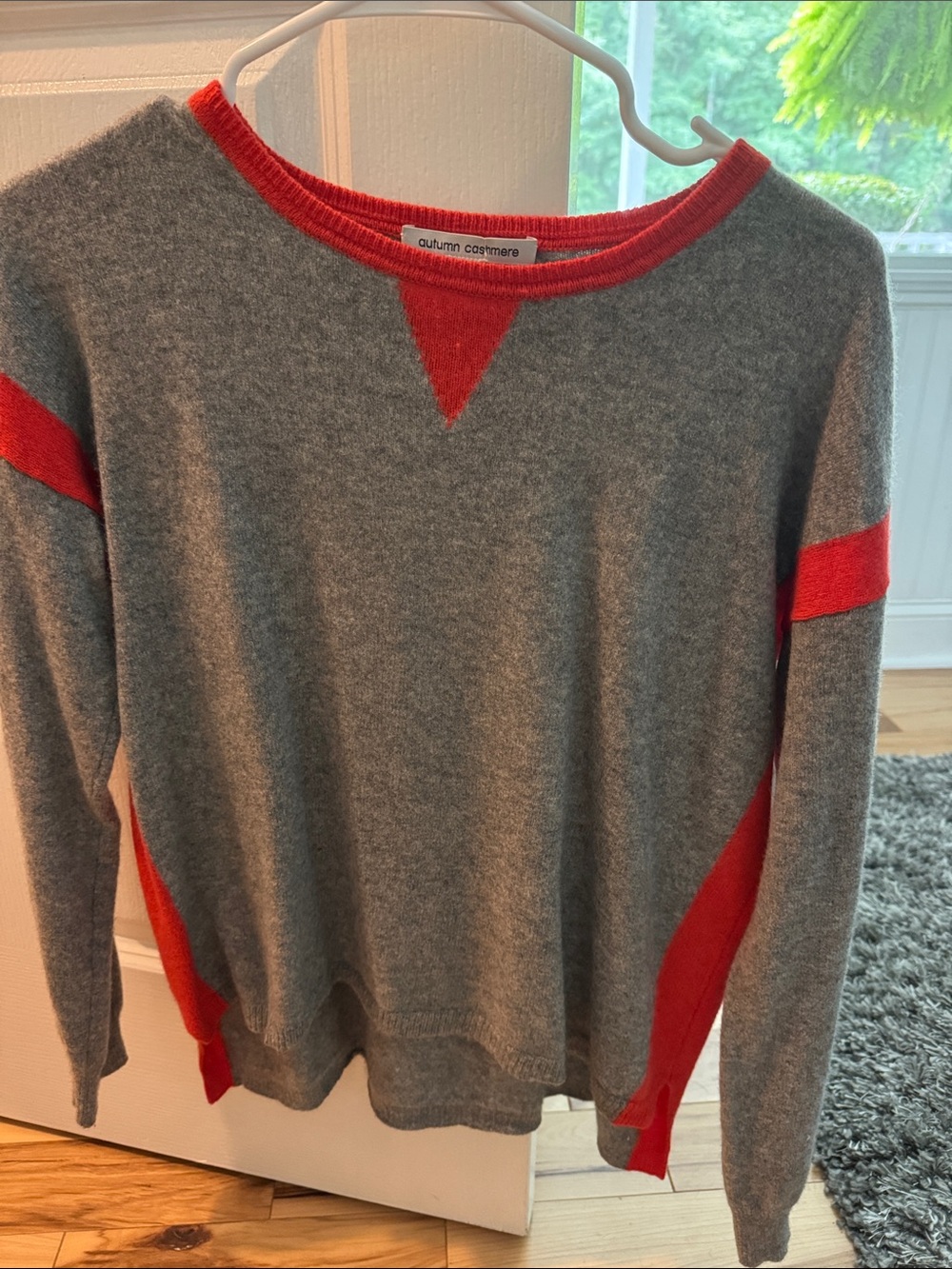 Autumn Cashmere Men’s Gray Crewneck Sweater with Red Trim
